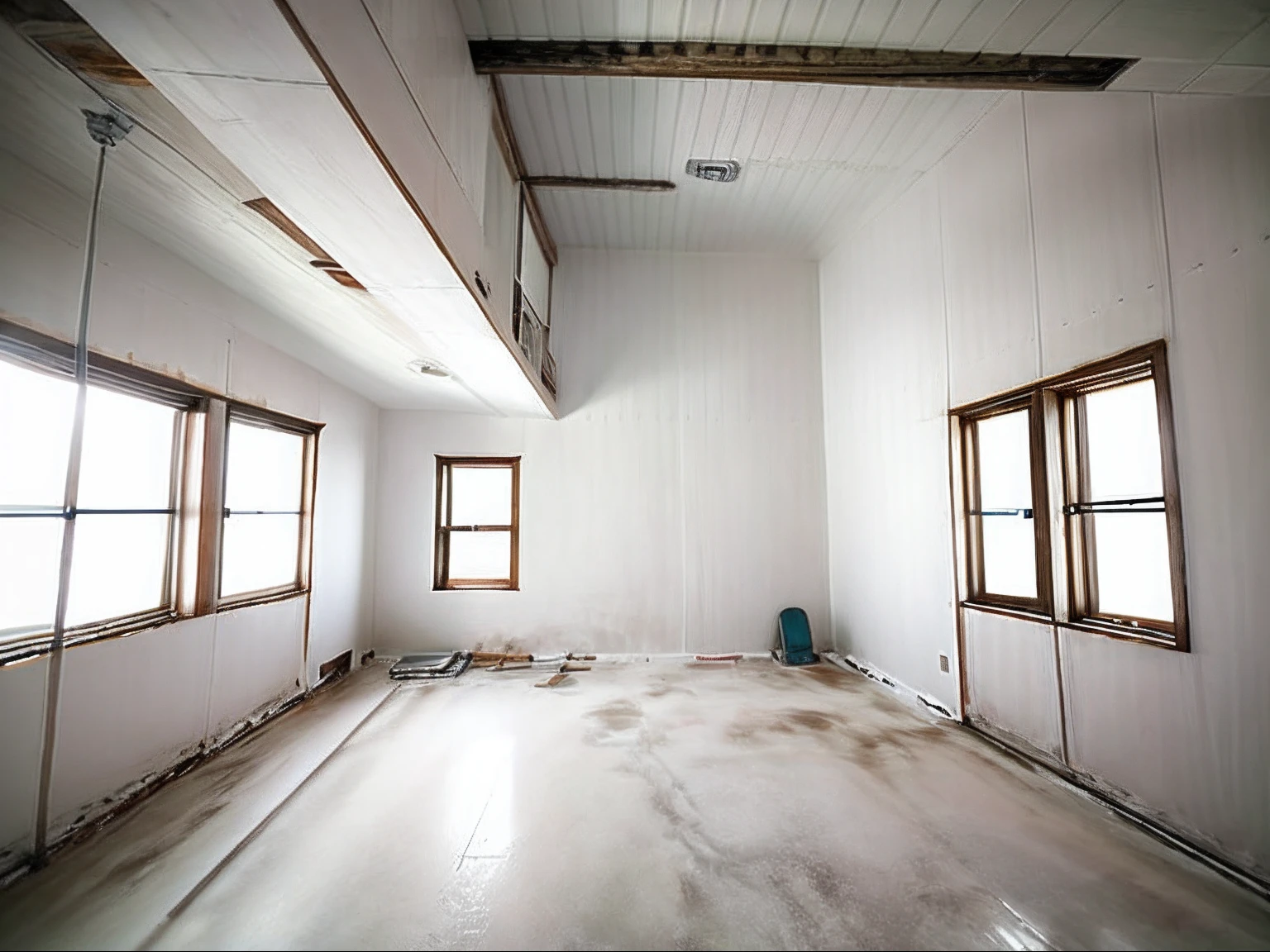 White ceiling、The walls are wood grain、The floor is stone-grained.、The windows remain as they are
