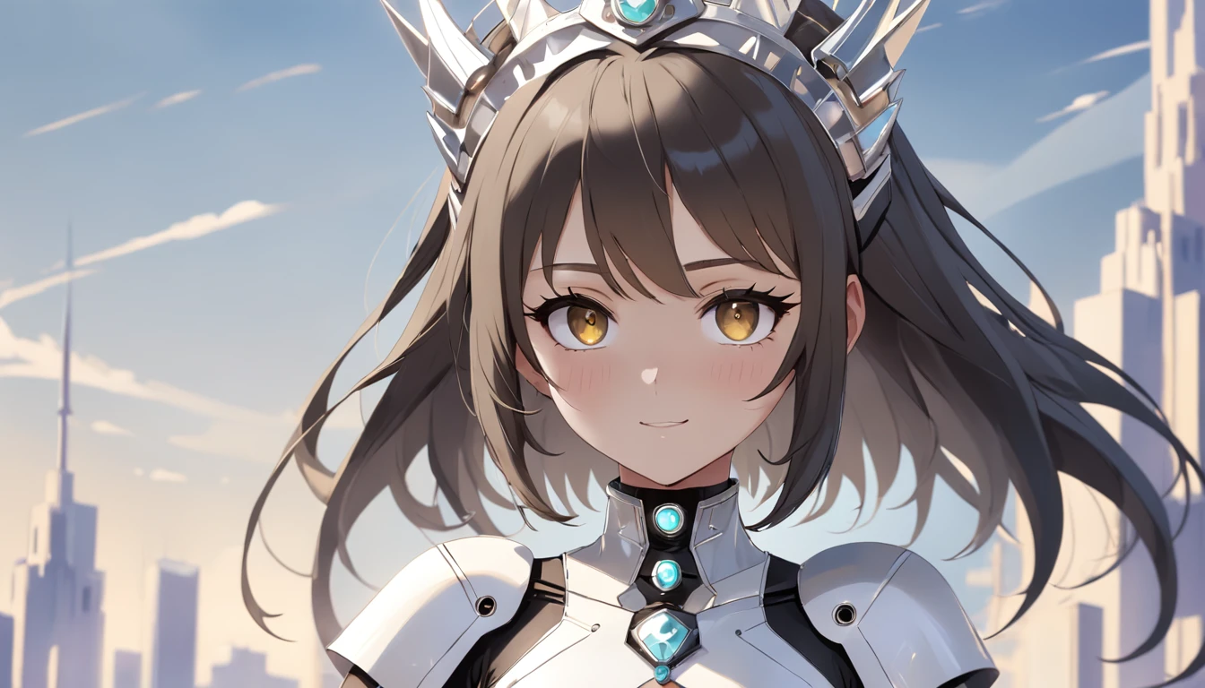 Human robot girl,Black and white clothes , Wicked garments made of plastic gray and white ,Straight and straight black Pell , With snap fastening,light brown eyes,ssmile,Desert background,Wears a white Art Deco crown made of metal，And decorated with Zules gemstones,Look at the camera in a friendly way,Middle plane,light dark skin
