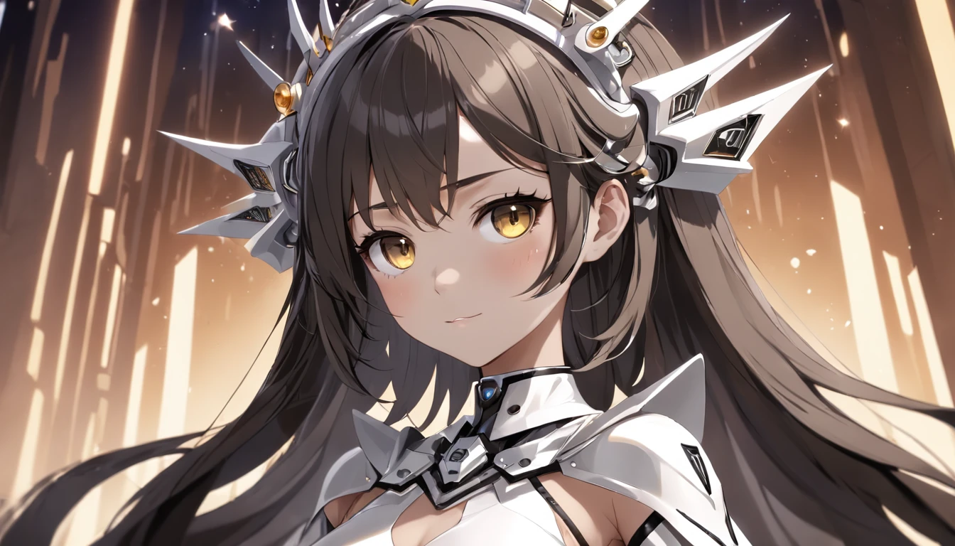 Human robot girl,Black and white clothes , Wicked garments made of plastic gray and white ,Straight and straight black Pell , With snap fastening,light brown eyes,ssmile,Desert background,Wears a white Art Deco crown made of metal，And decorated with Zules gemstones,Look at the camera in a friendly way,Middle plane,light dark skin