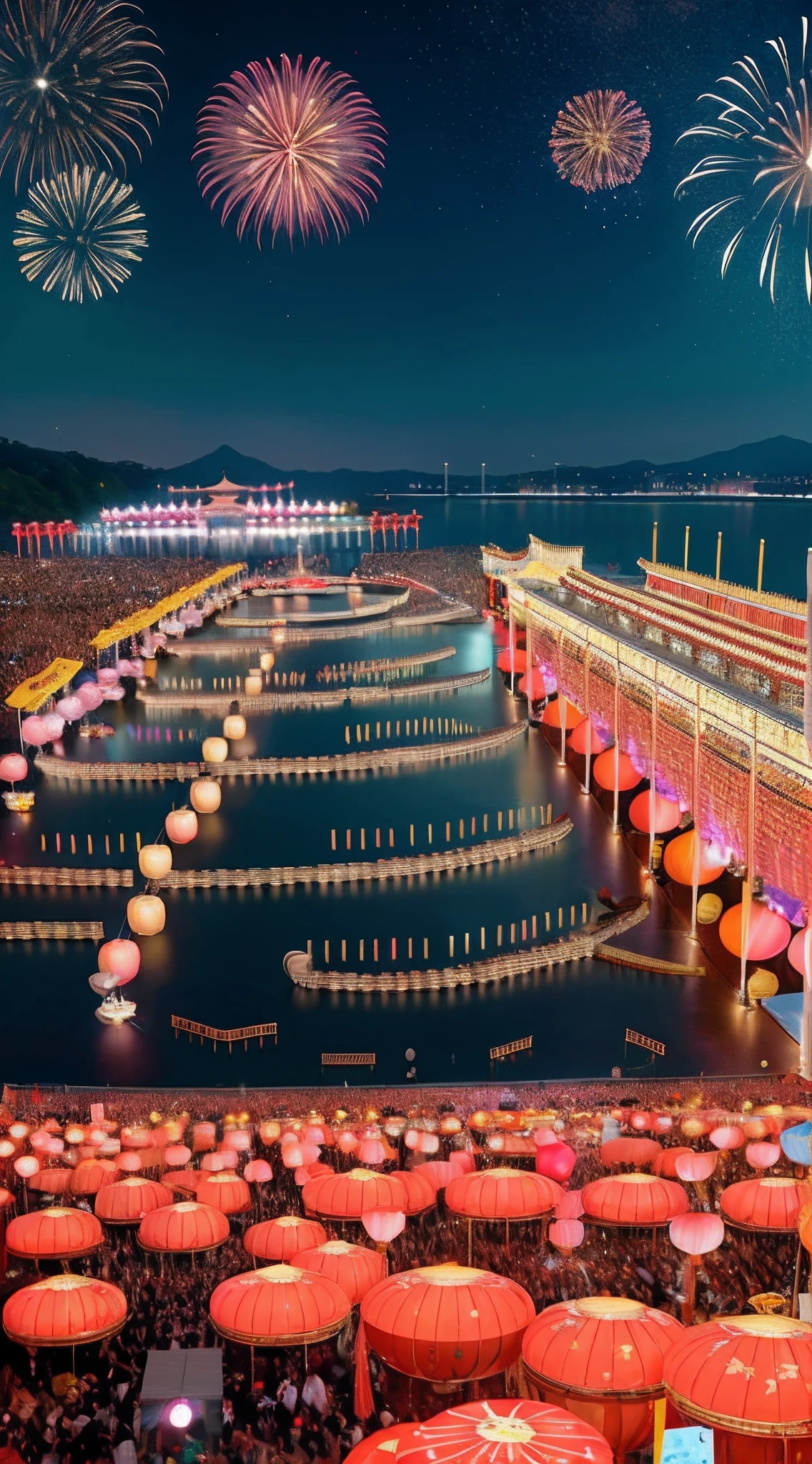 Mid-Autumn Festival、National Day elements、Full moon、Food stalls、Concert、The nation of the Chinese nation、Fireworks display、UAVs、environment friendly、tradit、celebrating、enviroment、A sea of people、Plaza、、the night、celebrating、Artistically、decor、high definition resolution