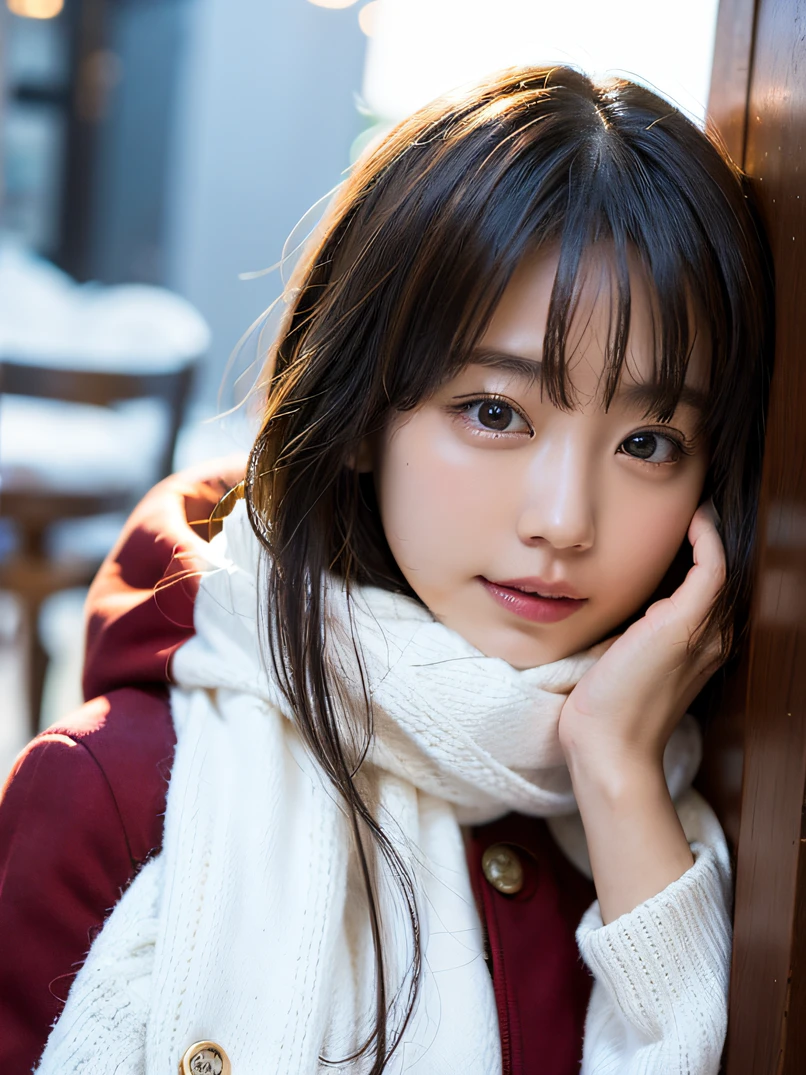 ((1 girl in))、Photorealsitic、Enhanced dynamic perspective,a beauty girl,Winters,snowscape,snowflakes flying、(Lots of snowflakes:1.4),snow cover,Black and red down jacket coat,Thick wool scarf,Look at me and smile,simple backgound,Works of masters,high quarity,4K resolution,super-fine,Detailed pubic hair,acurate,Cinematic lighting、Fold your hands in front of your chest、Highly detailed facial and skin texture、Focus on the face、A detailed eye、Detailed hand depiction