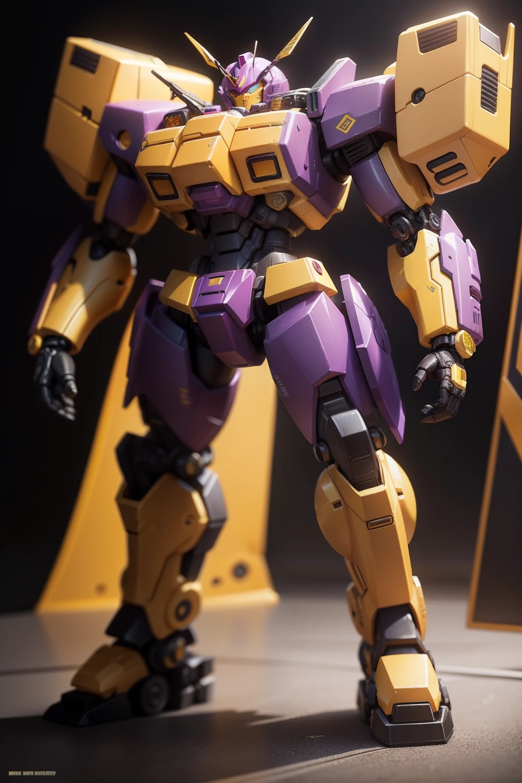 Close-up of toy characters of yellow and purple robots, Transformers toys, , robot mode, Transformers toys, action figure mecha, highly detailed toy, HD masterpiece,Large upper body,Small lower body,Engineering,Figure style,Structure simplification,succinct,cartoony,Q version,adolable
