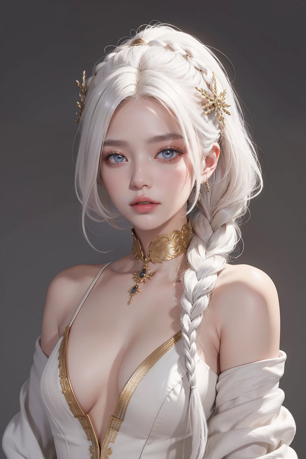 top-quality、​masterpiece、white  hair、Gold Eye、white  clothes、look up to、The upper part of the body、Hair strands、light skinned、Side braid、Small、Beautiful nipples、Beautiful areola