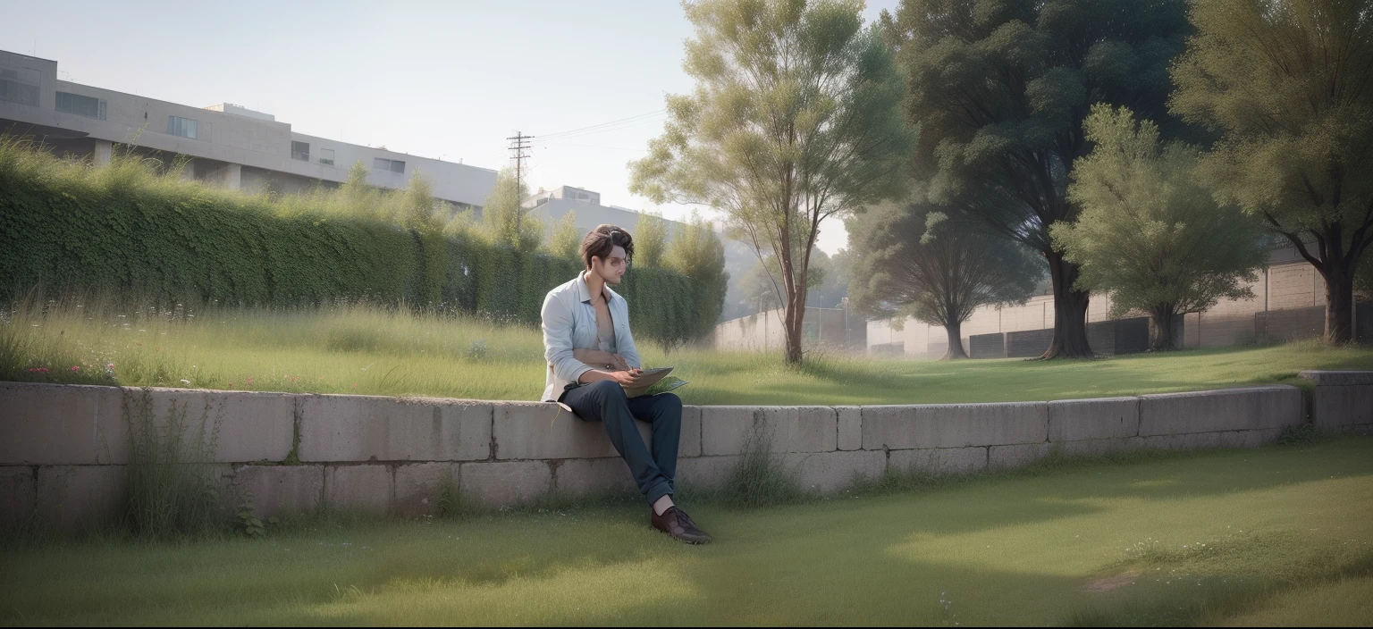 In the photo he is a male please convert the grass into colour full flowers and back side metro unique style like realistic
