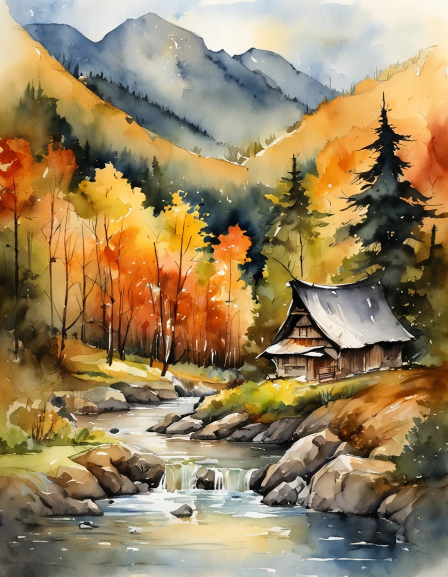 Bizarre steep peaks，autumnal，There is a creek at the bottom of the mountain，There are reflections in the stream,Village cottage,And cooking smoke rises，The pine tree has a peculiar shape，Sway with the wind,Impresionismo，Color palette style，iso-distance view,Matte look,Surreal Photo,dream magical,pixel-perfect,hyper HD,in a panoramic view,8K分辨率,ultra-wide-angle,Faraway view,chinese paintings,Realistis,Action Painting