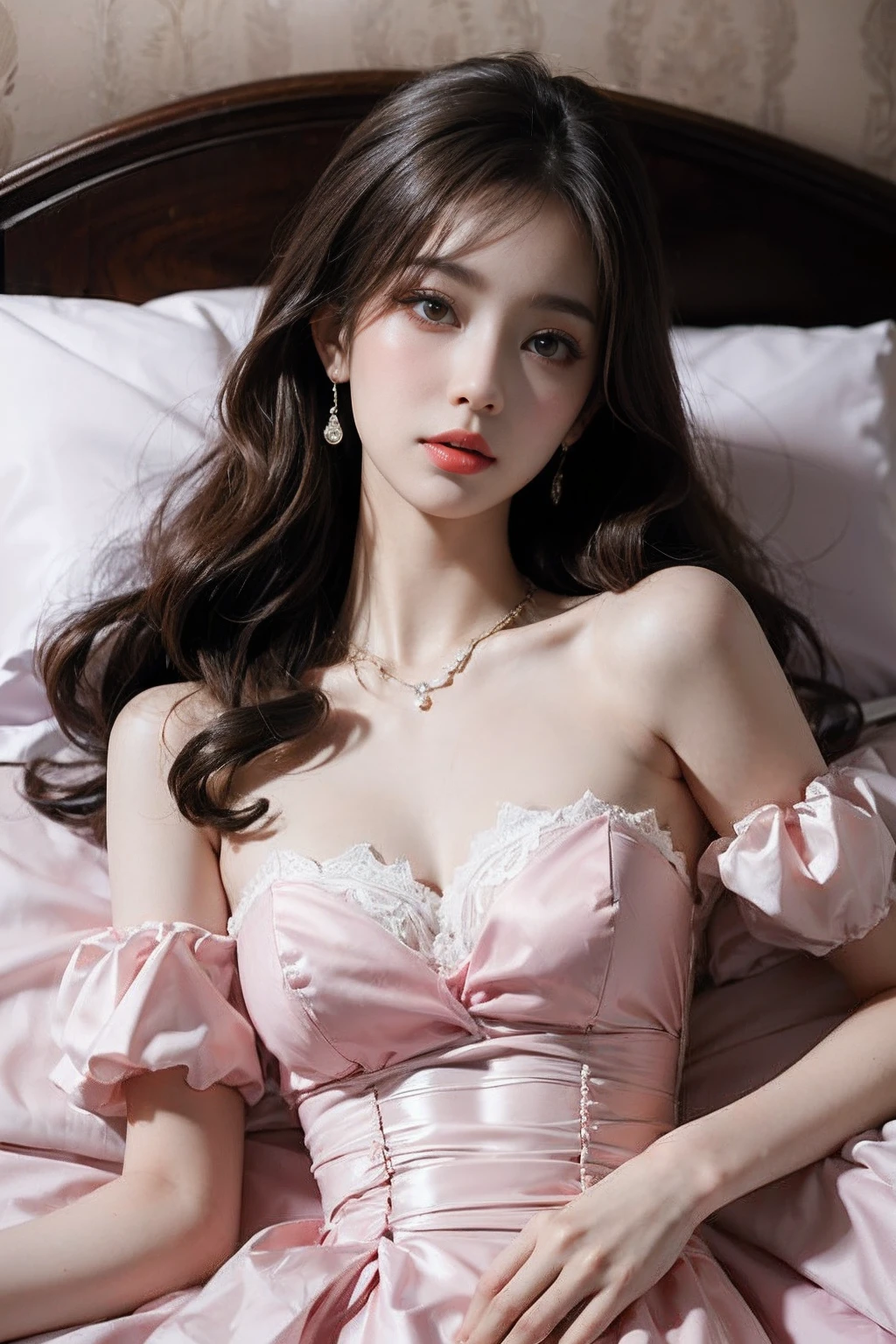 ((Realistic lighting, top quality, 8K, Masterpiece: 1.3)), Clear Focus: 1.2, 1Woman, Perfect Beauty: 1.4, Yushuxin, 1Girl, Dress, Solo, Brunette, Jewelry, Long Hair, Earrings, Bow, Pink Dress, Wood, Nature, Outdoor, Bare Shoulder, Airless Gainsboro, Long Dress, Hair Bow, Forest, Pink Bow,Strapless, Standing, Necklace, Head Tilt, Chapped Lips, Wavy Hair, Strapless Dress,Lace Sleeves, cetin dress,close-up woman in pink dress posing for photo,beautiful virgin,beautiful korean woman, beautiful princess, cute elegant pose, bell delphine, wearing pink dress, beautiful fantasy maiden, anime princess, beautiful seductive anime woman,beautiful asian girl, attractive anime girl, elegant glamorous cosplay,(lying on bed:1.8),(beautiful orb-articulated doll:1.3),luxurious princess dress