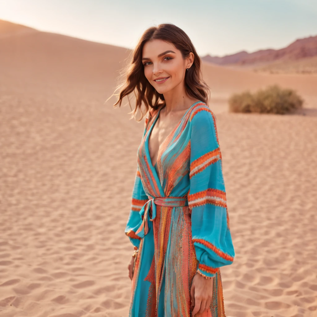 RAW commercial photo the pretty instagram fashion model, ((smiling)), in the blue full wrap around dress posing, arabic clothing in the style of colorful geometrics, guy aroch, in desert, helene knoop, glowing pastels, bold lines, bright colors, sun-soaked colours, Fujifilm X-T4, Sony