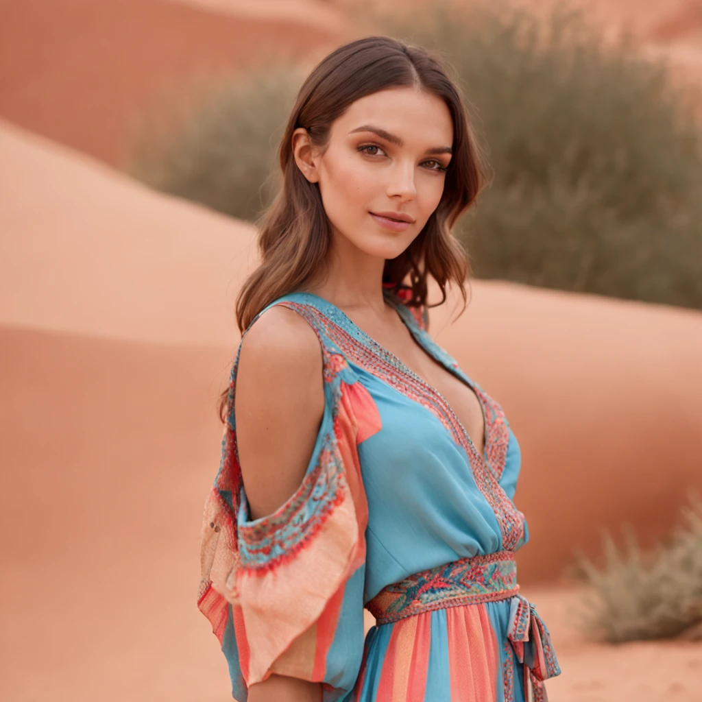 RAW commercial photo the pretty instagram fashion model, ((smiling)), in the blue full wrap around dress posing, arabic clothing in the style of colorful geometrics, guy aroch, in desert, helene knoop, glowing pastels, bold lines, bright colors, sun-soaked colours, Fujifilm X-T4, Sony