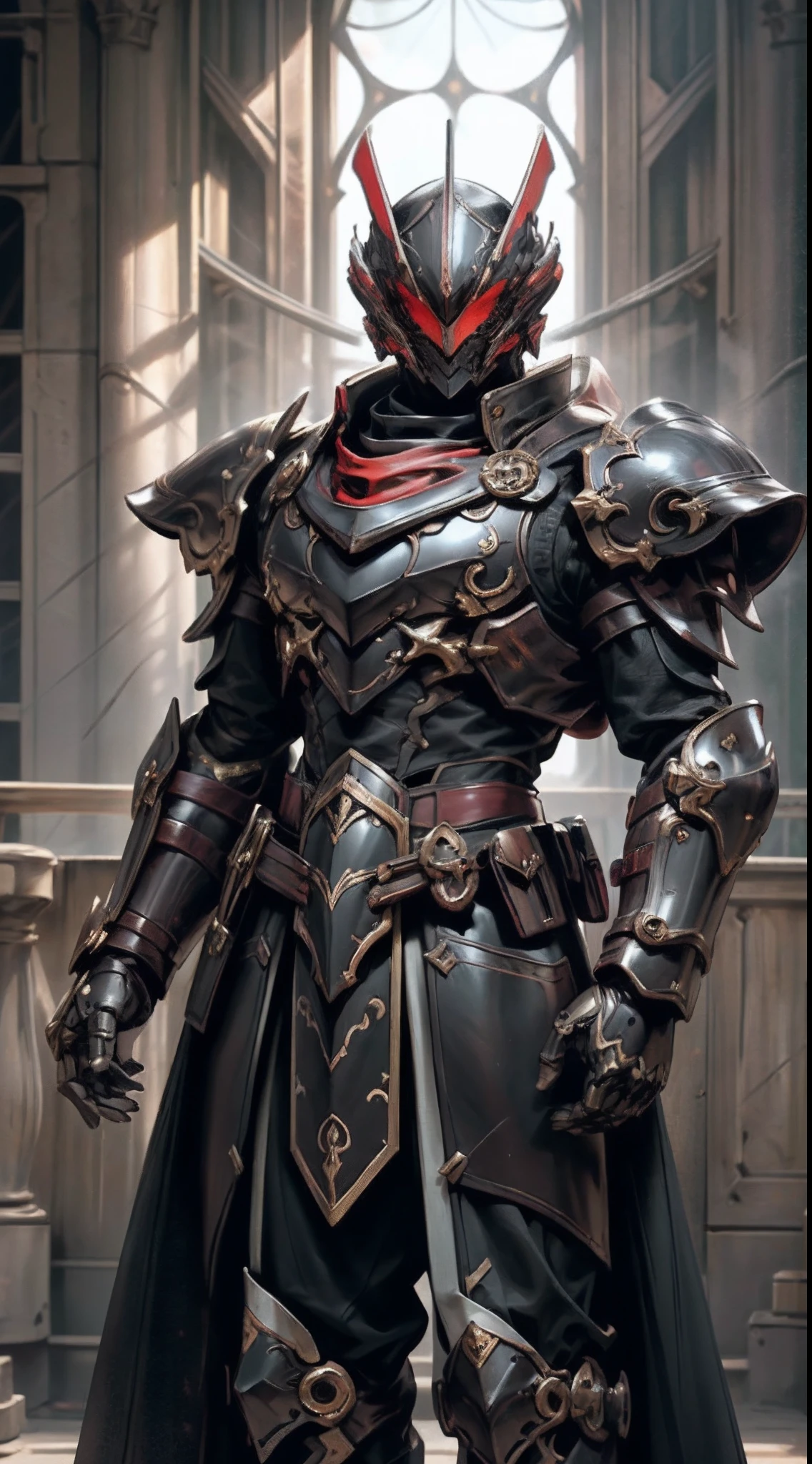 A man wearing a full-face helmet that covers most of his face, adorned in a biomimetic fantasy-style armor, the predominant black color is accented with red textures in the design this character embodies a finely crafted fantasy-style armored warrior design in anime, ((character concept art)), high definition, best quality, ultra-detailed, extremely delicate, anatomically correct, symmetrical face, extremely detailed eyes and face, high quality eyes, creativity, RAW photo, UHD, 16k, (Natural light, cinematic lighting, masterpiece:1.5)