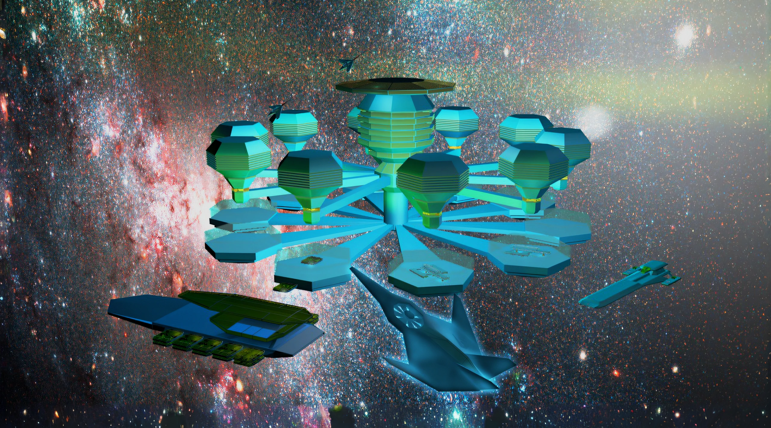 there is a computer generated image of a space station in the sky, futuristic space port, utopian space ship, alien space ships, hexagonal planetary space base, solarpunk space ship, space port city, borne space library artwork, futuristic orbital station!!!!, 3 d render of a scifi spaceport, futuristic space station, solarpunk village