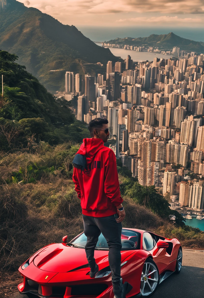 (best quality, 8k, master part :1.2), hyper realistic, cidade do Rio de Janeiro, Brasil, em uma montanha, uma Ferrari 488 vermelha detalhada, Cristo Redentor ao fundo, uma menina de cabelo castanho bonita em roupas de esporte olhando para a paisagem, dia ensolarado, 夏天