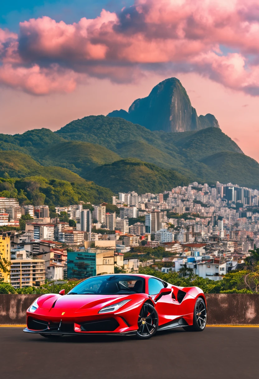 (best quality, 8k, master part :1.2), hyper realistic, cidade do Rio de Janeiro, Brasil, em uma montanha, uma Ferrari 488 vermelha detalhada, Cristo Redentor ao fundo, uma de cabelo castanho bonita em roupas de esporte olhando para a paisagem, dia ensolarado, 夏天