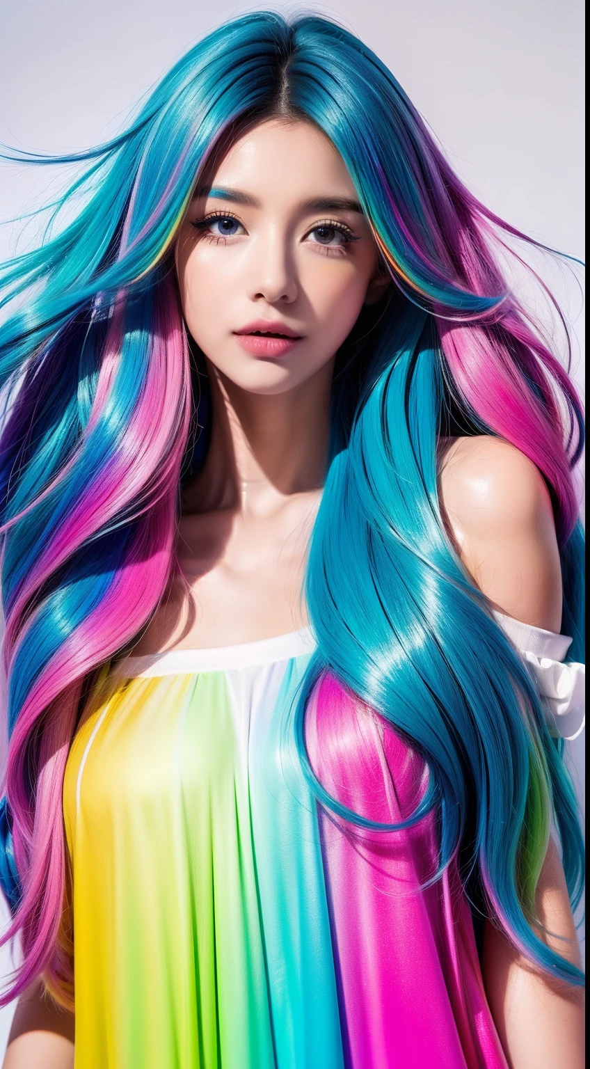 (Pink fashion T-shirt: 1.9), (Colorful hair: 1.8), (Rainbow all colors: 1.8), (((Vertical painting: 1.6))), (Painting: 1.6), Front, manga, illustration, painting, big eyes, crystal clear, (rainbow gradient high ponytail: 1.7), delicate makeup, shut up, (small freshness: 1.5), (bandeau: 1.6), long eyelashes, white off-the-shoulder T- shirt, White Shoulder Shirt, looking at the audience, Big watery eyes, (rainbow hair: 1.6), color splash, (solo:1.8), color splash, color explosion, colour splash, color explosion, thick lacquer style, messy lines, ((shining)), (colorful), (colorful), (colorful), colorful, Thick Paint Style, (Splash) (Color Splash), Vertical Painting, Upper Body, Paint Splash, Acrylic Pigment, Gradient, Paint, Highest Image Quality, Masterpiece, Solo, Depth of Field, Face Paint, colorful clothes, (elegance: 1.2), gorgeous, long hair, wind, (elegance: 1.3), (petals: 1.4), ((masterpiece))), ((best quality))), (ultra-detailed), (illustration), (dynamic angle), (floating), (paint), ((loose hair)), (solo), (1girl), ( ( ( detailed anima face))), (( Beautiful detailed face)), collar, exposed shoulders, white hair, ((colored hair)), ((striped hair)), beautiful detailed eyes, (gradient eyes), (colored eyes))), (colored background))), (high saturation))), ((surrounded by colorful splashes))),