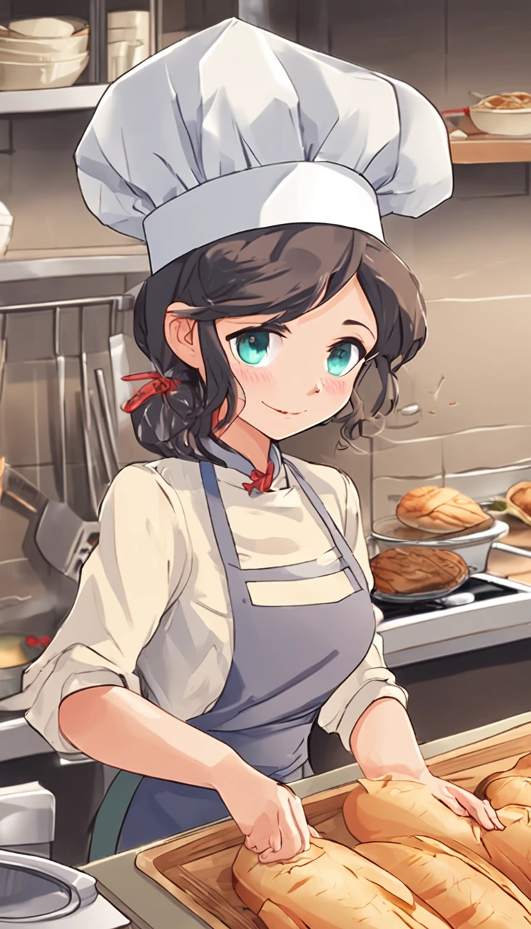 Anime girl in chef's hat preparing bread in kitchen preparing ingredients on a cutting board, Cooking, the wallpaper!, anime food, offcial art, In the kitchen, cooking show, inspired by Tsuruko Yamazaki, Loli, Anime style illustration, In a kitchen, Detailed fanart, official fanart, slice of life anime, fubuki, illustration!, anime visual of a cute girl