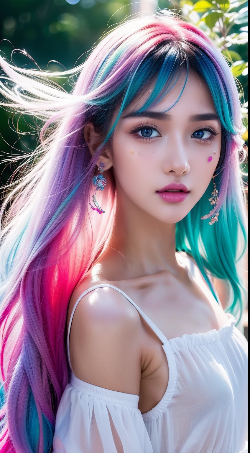 （Pink fashion T-Camisa，：1.9），（Colorful hair：1.8），（Rainbow all colors：1.8），（（（（Vertical painting：1.6)）），（painterly：1.6），front side，comic,illustration,painterly,with big eyes,Crystal clear,（Iridescent gradient high ponytail：1.7）,elaborate makeup,closed Mouth,(Small fresh:1.5),long lashes,White shoulder T- Camisa，, White Shoulder Shirt，looking at the viewers，watery big eyes，(rainbow color Hair：1.6), Color Splash, （solo：1.8）, Color Splash, Color explosion, Color Splash, Color explosion, Thick lacquer style，Messy lines，((Shiny,)) ，(colorful，，), Thick Paint Style, (Splash) (Color Splash), Vertical Painting, upper  body, Paint Splash, Acrylic Pigment, Gradient, Paint, Highest Image Quality, the highest picture quality, Masterpiece, Solo, depth offield, Face Paint, colorful clothes, (elegence: 1.2), Ornate, long haired, aeolian, (elegence: 1.3), (petaled: 1.4)，(((master masterpiece))),(((the best quality t))),((ultra Detailed)),(illustartion),(Dynamic Angle),((floating)),(painti),((Loose hair)),(solo),(1girl) , (( (Detailed anima face))),((Beautiful detailed face)),collars,Shoulders exposed,White Hair,((colourfel hair)),((streaked hair)),Beautiful detailed eyes,(Gradient eyes),(( （color eyes））），（（（colorfully background））），（（（high satur））），（（（Surrounded by colorful splashes））），（Hanfu）