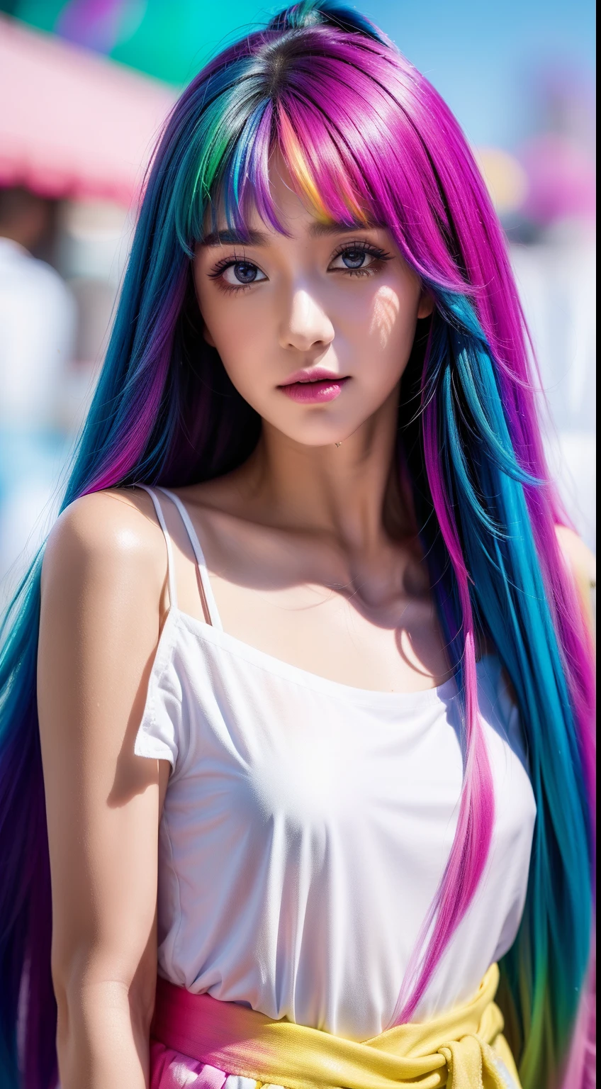 (Pink fashion T-Camisa,:1.9),(Colorful hair:1.8),(Rainbow all colors:1.8),((((Vertical painting:1.6))),(painterly:1.6),front side,comic,illustration,painterly,with big eyes,Crystal clear,(Iridescent gradient high ponytail:1.7),elaborate makeup,closed Mouth,(Small fresh:1.5),long lashes,White shoulder T- Camisa,, White Shoulder Shirt,looking at the viewers,watery big eyes,(rainbow color Hair:1.6), Color Splash, (solo:1.8), Color Splash, Color explosion, Color Splash, Color explosion, Thick lacquer style,Messy lines,((Shiny,)) ,(colorful,,), Thick Paint Style, (Splash) (Color Splash), Vertical Painting, upper body, Paint Splash, Acrylic Pigment, Gradient, Paint, Highest Image Quality, the highest picture quality, Masterpiece, Solo, depth offield, Face Paint, colorful clothes, (elegence: 1.2), Ornate, long haired, aeolian, (elegence: 1.3), (petaled: 1.4),(((master masterpiece))),(((the best quality t))),((ultra Detailed)),(illustartion),(Dynamic Angle),((floating)),(painti),((Loose hair)),(solo),(1girl) , (( (Detailed anima face))),((Beautiful detailed face)),collars,Shoulders exposed,White Hair,((colourfel hair)),((streaked hair)),Beautiful detailed eyes,(Gradient eyes),(( (color eyes))),(((colorfully background))),(((high satur))),(((Surrounded by colorful splashes))),(Hanfu)