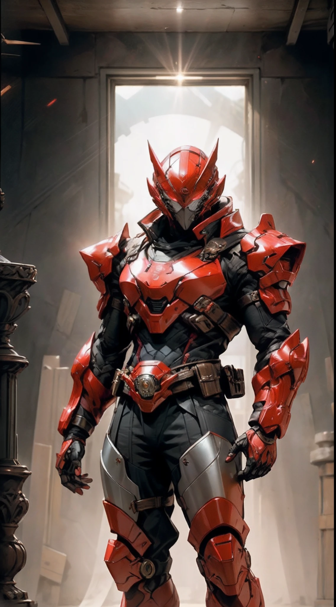A man wearing a full-face helmet that covers most of his face, adorned in a biomimetic fantasy-style armor, the predominant black color is accented with red textures in the design this character embodies a finely crafted fantasy-style armored warrior design in anime, ((character concept art)), high definition, best quality, ultra-detailed, extremely delicate, anatomically correct, symmetrical face, extremely detailed eyes and face, high quality eyes, creativity, RAW photo, UHD, 16k, (Natural light, cinematic lighting, masterpiece:1.5)