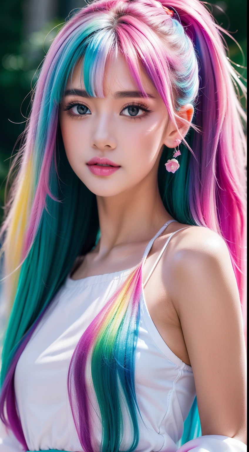 （Pink fashion T-Camisa，：1.9），（Colorful hair：1.8），（Rainbow all colors：1.8），（（（（Vertical painting：1.6)）），（painterly：1.6），front side，comic,illustration,painterly,with big eyes,Crystal clear,（Iridescent gradient high ponytail：1.7）,elaborate makeup,closed Mouth,(Small fresh:1.5),long lashes,White shoulder T- Camisa，, White Shoulder Shirt，looking at the viewers，watery big eyes，(rainbow color Hair：1.6), Color Splash, （solo：1.8）, Color Splash, Color explosion, Color Splash, Color explosion, Thick lacquer style，Messy lines，((Shiny,)) ，(colorful，，), Thick Paint Style, (Splash) (Color Splash), Vertical Painting, upper  body, Paint Splash, Acrylic Pigment, Gradient, Paint, Highest Image Quality, the highest picture quality, Masterpiece, Solo, depth offield, Face Paint, colorful clothes, (elegence: 1.2), Ornate, long haired, aeolian, (elegence: 1.3), (petaled: 1.4)，(((master masterpiece))),(((the best quality t))),((ultra Detailed)),(illustartion),(Dynamic Angle),((floating)),(painti),((Loose hair)),(solo),(1girl) , (( (Detailed anima face))),((Beautiful detailed face)),collars,Shoulders exposed,White Hair,((colourfel hair)),((streaked hair)),Beautiful detailed eyes,(Gradient eyes),(( （color eyes））），（（（colorfully background））），（（（high satur））），（（（Surrounded by colorful splashes））），（Hanfu）