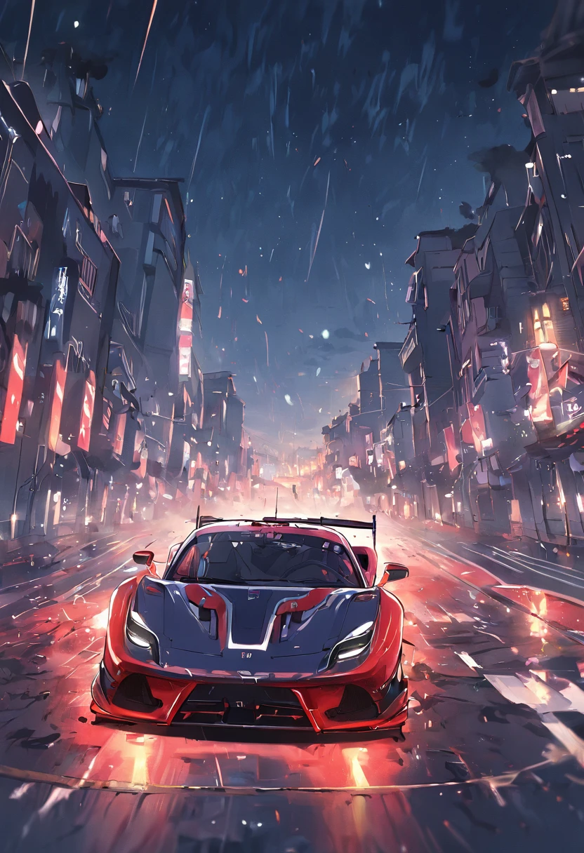 "an Quority(ferrari 488 gt3)Racing cars race around the city circuit at night，A breath of blood and speed。"