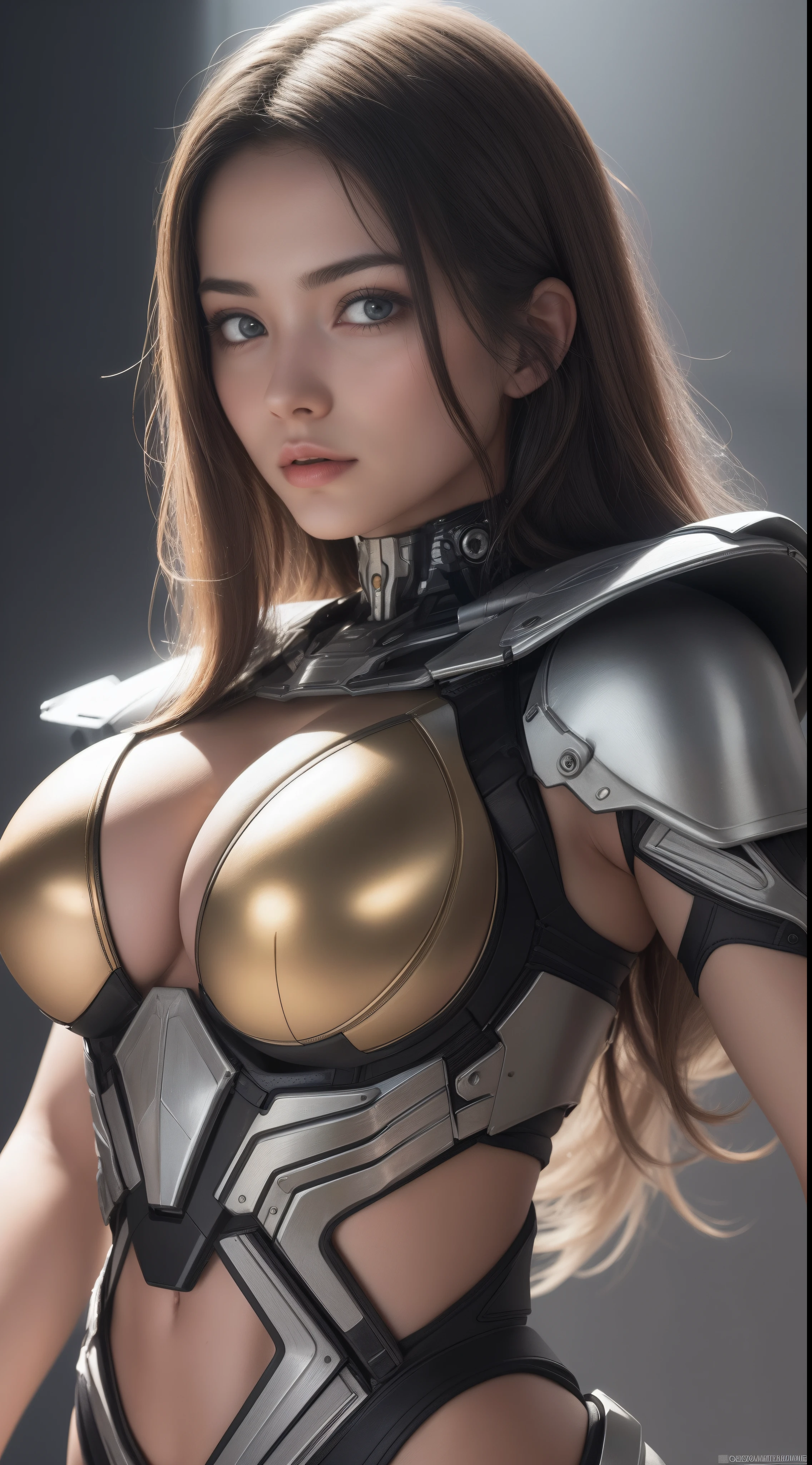 Portrait of beautiful cybernetic girl looking at the camera in the muscles of the masterpiece of the detailed realistic bikini, Pose ativa, action pose, luz LED | | |, Gold Parts, franja, cabelo curto, vista traseira, Costas((Imagem 16k)) HDR ,super realista ,qualidade raw,(Detalhes hiper-realistas) estilo de filme ,cores vivas