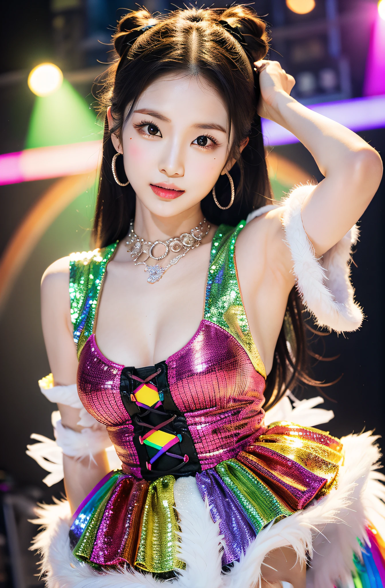 Solo idol performance featuring Eri Kamei from Morning Musume. Content: Eri Kamei dressed in rainbow-themed idol costume, Capturing the essence of cuteness. Medium: Photography. Style: Ultra-realistic due to the influence of J-POP culture. Lighting: Stage lighting combined with warm and cold tones to emphasize the rainbow theme. Colors: Vibrant shades of the rainbow, Focus especially on pastel shades. Composition: captured with a Canon EOS 5D Mark IV DSLR camera, EF 50mm f/1.8 STM lens, Resolution 30.4 megapixels, ISO sensit: 32,000, Shutter speed 8000 second. The focus should be on her expressive face and the intricate details of her costume. --ar 16:9 - V5.1 --Style raw --Q 2 --S 750