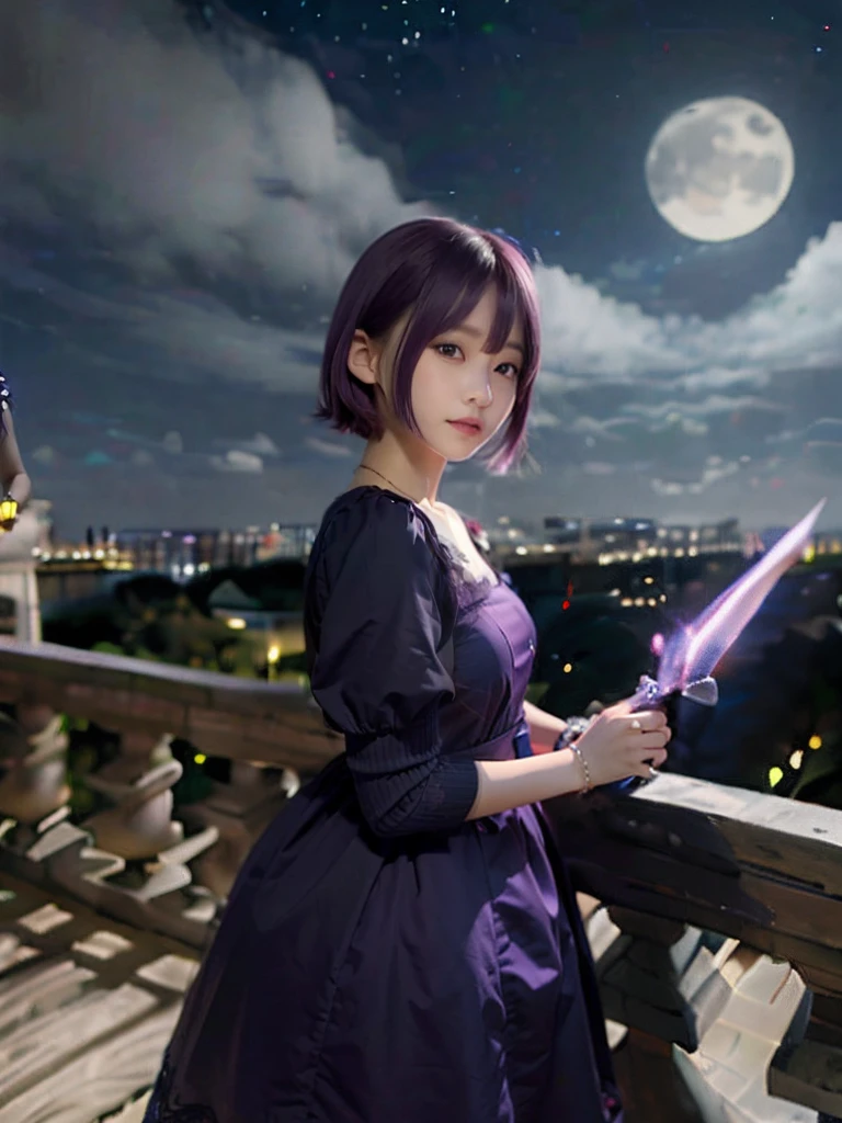 8K、detaileds、Vivid、A detailed face、 girl、kawaii、short in stature、Young Face、Inappropriate smile、purple color hair、Dress style clothes、(Bracelet on right wrist)、Holding a dagger in your hand、Castles、a dark night、Moonlight shines、2.5 dimensions、Anime style