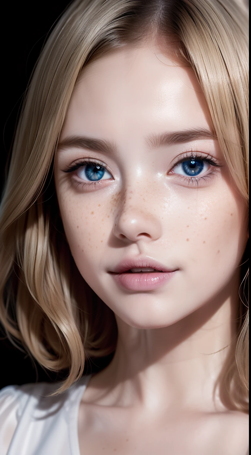 highest quality, pale skin, (face and eyes detail: 1.2), 1 girl, very delicate and beautiful girl, light blond, wavy short hair, blue eyes, snub nose, (slightly childish appearance), ((very beautiful)), ( freckles: 0.7), curls, science fiction, suffering, pain, despair, death, time.