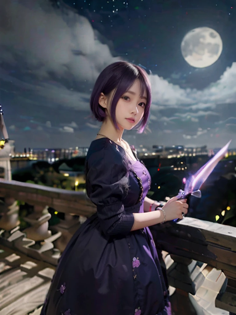 8K、detaileds、Vivid、A detailed face、 girl、kawaii、short in stature、Young Face、Inappropriate smile、purple color  hair、Dress style clothes、(Bracelet on right wrist)、Holding a dagger in your hand、Castles、a dark night、Moonlight shines、2.5 dimensions、Anime style