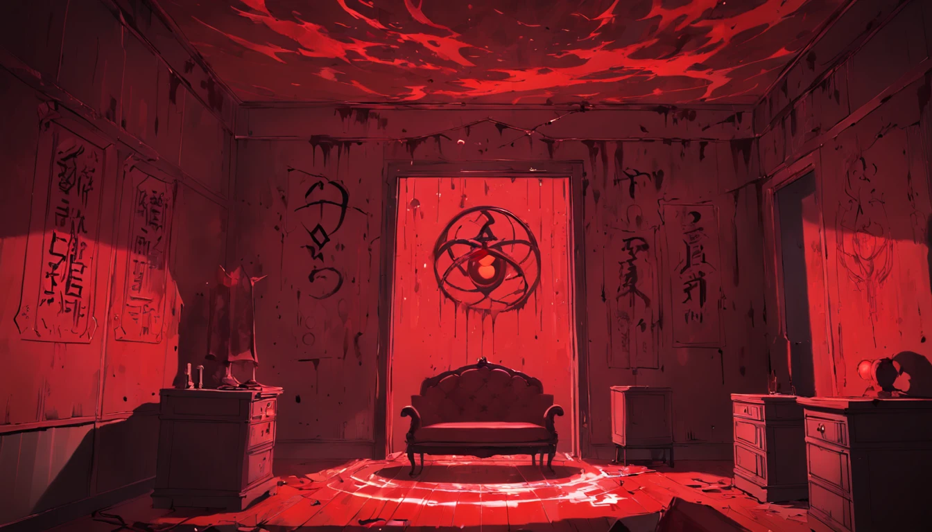 Illuminated room,Blood-red text,Mysterious symbol,Secrets on the ceiling,Taboo knowledge,The revelation of forbidden arts,Gloomy room,horrified expression
