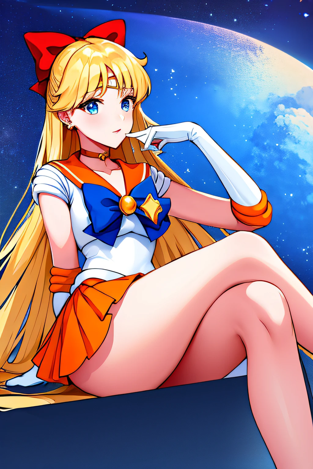 masterpiece, best quality, highres, venus1, 1girl, solo, sailor senshi uniform, sailor venus, aino minako, blonde hair, magical girl, blue eyes, orange skirt, elbow gloves, tiara, pleated skirt, hair bow, orange sailor collar, miniskirt, choker, red bow, orange choker, white gloves, very long hair, jewelry, earrings, sitting, crossed legs,