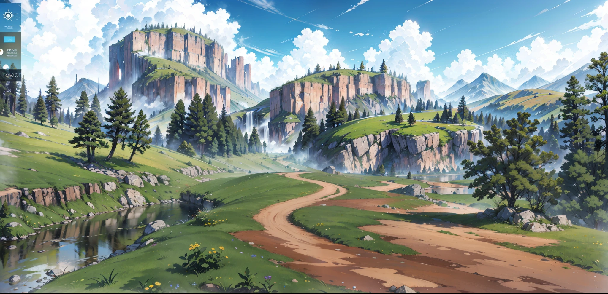 Close-up of hills and dirt roads, mountainous terrain, rocky environment, ultra wide gameplay screenshot, mountainous setting, grass field, detailed trees and cliffs, Cave Town, <mmorpgs scene, videogame screenshot, rocky hills, detailed scenic view, game screenshot, detailed photo of virtual world, highly detailed terrain, game environment, fantasy plains