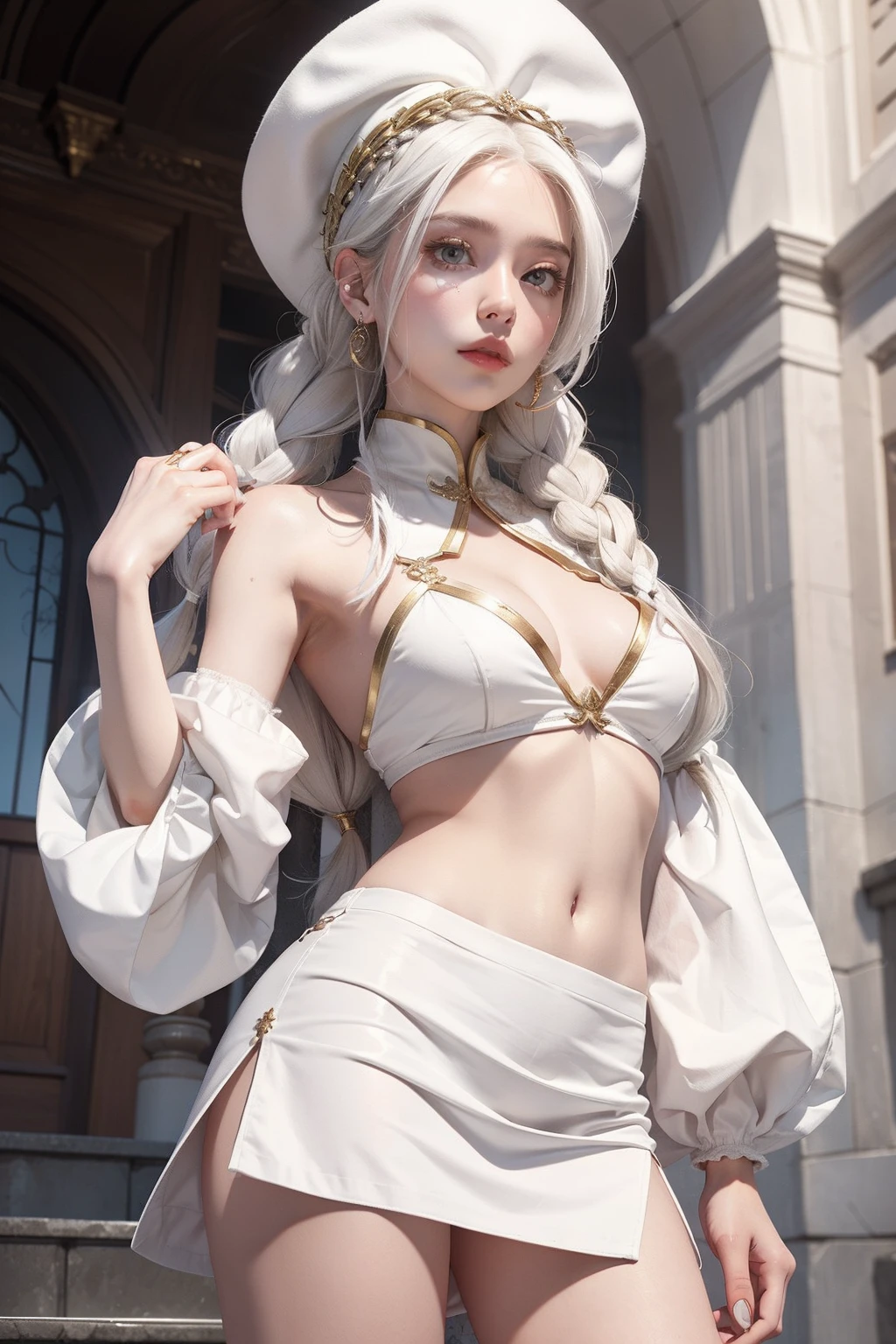 top-quality、​masterpiece、white  hair、Gold Eye、white  clothes、look up to、The upper part of the body、Hair strands、light skinned、Side braid、Small breasts、a miniskirt、white  panties、The areol、teats、barechested