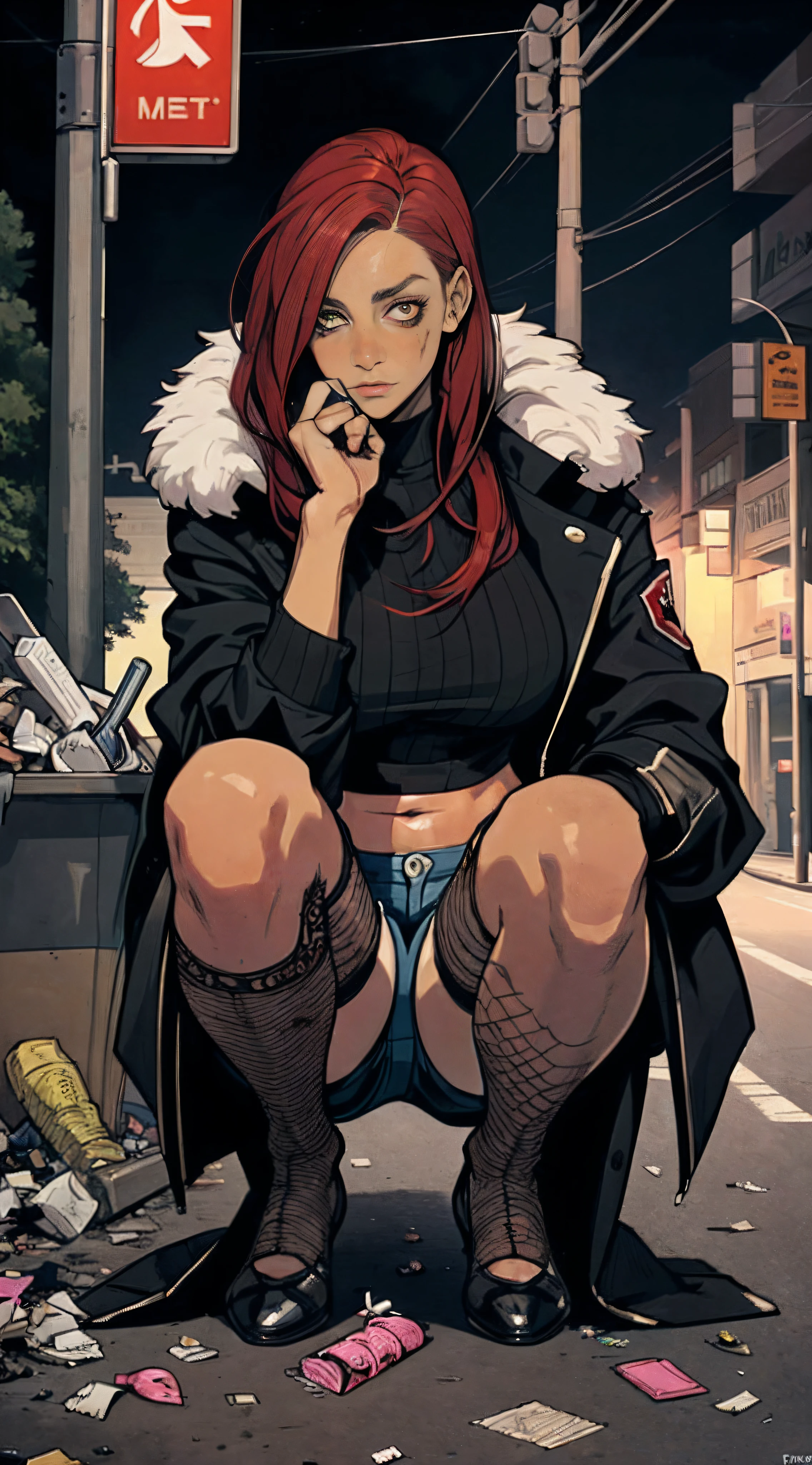 （Best quality at best，tmasterpiece），1female，red tinted hair（emo girl，a puncture：1.3），fishnets stockings，Ultra shorts，Belly exposure，There are complex tattoos on the lower abdomen，long whitr hair，the night，street corner，Exposed long-sleeved thick coat，Slim figure，Slim figure，the night，a darkness street，Garbage all over the ground，Condoms that are used in large quantities，Lots of damaged sex toys，No man's street，Dirty streets，Bust，Fine eyes，Super detailed face，Bust，Sit or squat or lie down or stand