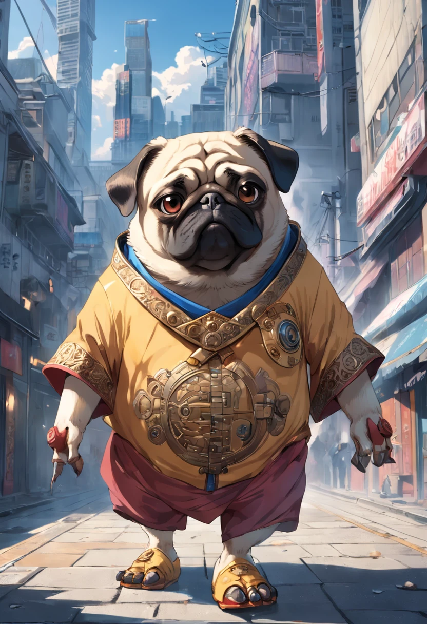 ((Raw foto)), ((masterpiece)), Dressed anthropomorphic humanoid pug dog, a person々Walk between, Intricate details of large feet, Complex Griebles works, The city behind, big body