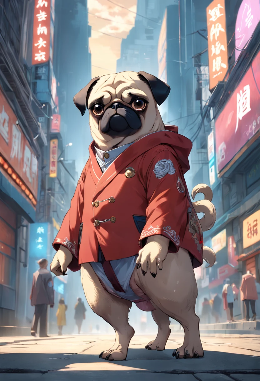 ((Raw foto)), ((​masterpiece)), Dressed anthropomorphic humanoid pug dog, a person々Walk between, Intricate details of large feet, Complex Griebles works, The city behind, big body