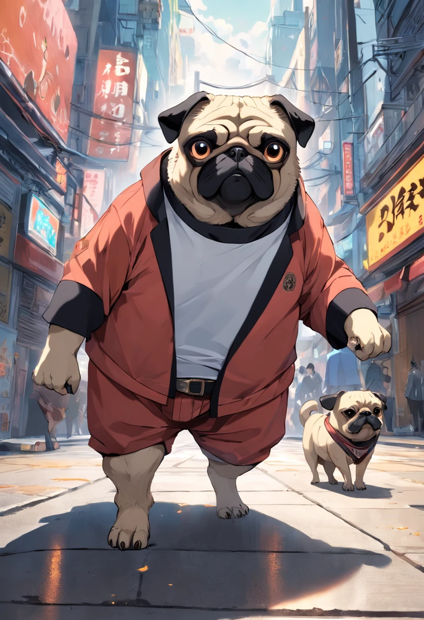 ((Raw foto)), ((masterpiece)), Dressed anthropomorphic humanoid pug dog, a person々Walk between, Intricate details of large feet, Complex Griebles works, The city behind, big body