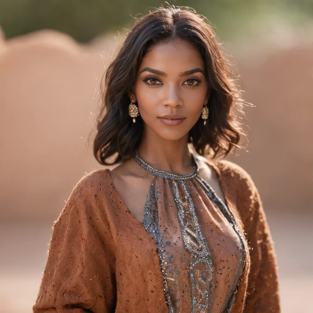 Um retrato impressionante de uma mulher negra com olhos de mel, pele macia, roupas estilosas, Arabic clothes in the style of colorful geometries, no deserto, chorando, iluminado por um Nikon Z3 bruto hiperrealista e helios 44 2 f2 58 mm bokeh redemoinho, Film, FujiFilm, with an anamorphic milky bokeh radiating from all over his body.