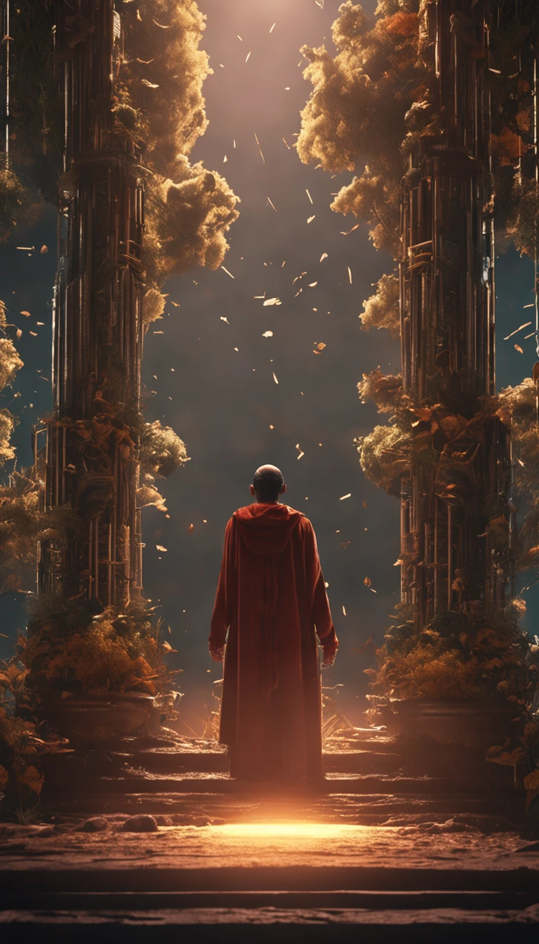 A cinematic figure in meditation, surrounded by natural elements and lighting symbols, transmitindo a ideia de profundidade, Self-conscious reflection