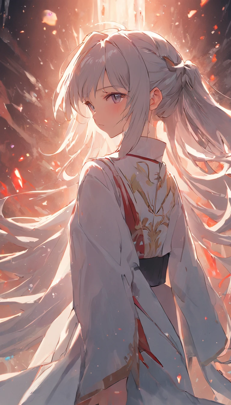 Best quality,tmasterpiece,A high resolution,CG, 1girll,Chinese actress Xiao Bowl,arma,The sword,long whitr hair,shift dresses,Eau,(Temptation 1.5),独奏,jewely,white dresses,耳Nipple Ring,hair adornments,spatter,The upper part of the body,hair-bun,brunette color hair, illuminating,Frankness,photore,A high resolution,8K,Bokeh,(Depth of field 0.5),high detal