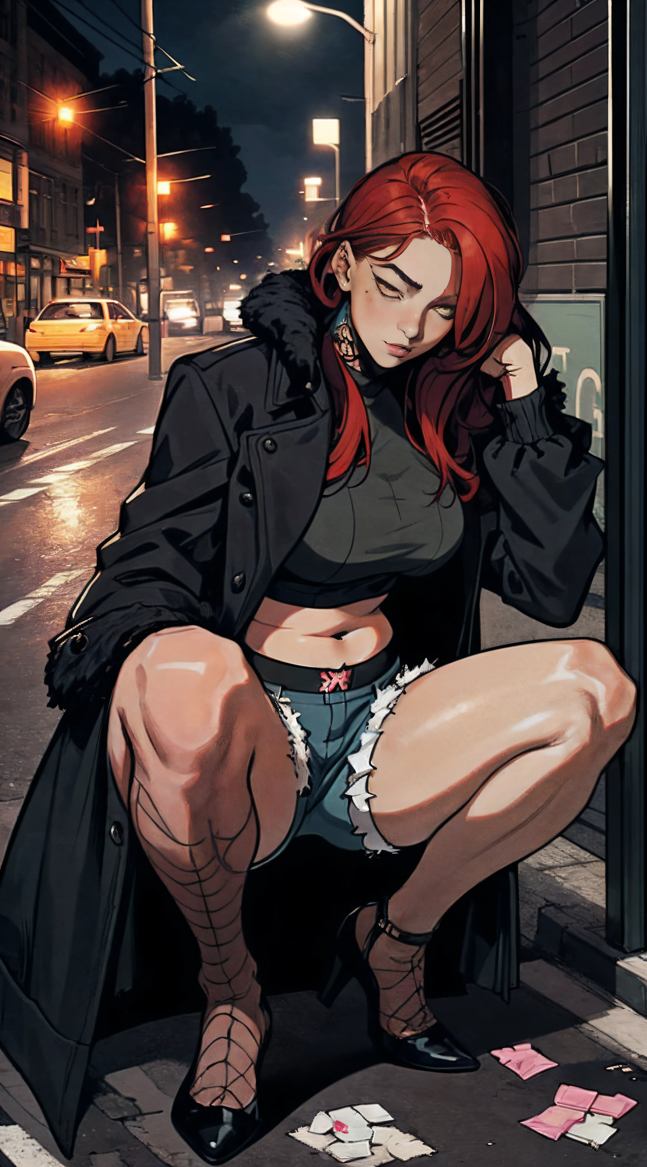 （Best quality at best，tmasterpiece），1female，red tinted hair（emo girl，a puncture：1.3），fishnets stockings，Ultra shorts，Belly exposure，There are complex tattoos on the lower abdomen，long whitr hair，the night，street corner，Exposed long-sleeved thick coat，Slim figure，Slim figure，the night，a darkness street，Garbage all over the ground，Condoms that are used in large quantities，Lots of damaged sex toys，No man's street，Dirty streets，Bust，Fine eyes，Super detailed face，Bust，Sit or squat or lie down or stand