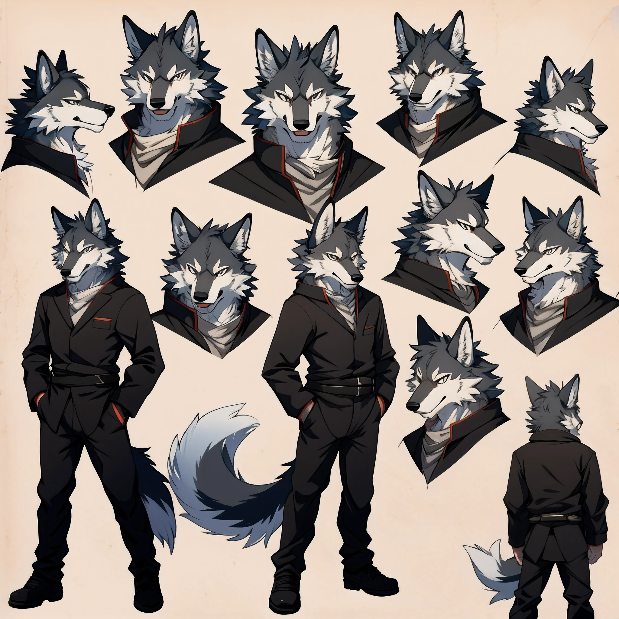 highres, top quality, best quality, paid reward available, High-quality illustrations, unparalleled masterpiece, perfect artwork, absurdres, perfect anatomy, standing kemono boy, three view drawing, front and side and back, character sheet, character design wolf, assorted facial expression, fully posable, neutral pose, extra detailed body, thinking pose, cool pose(highly detailed figure)complete detailed body, anime character,