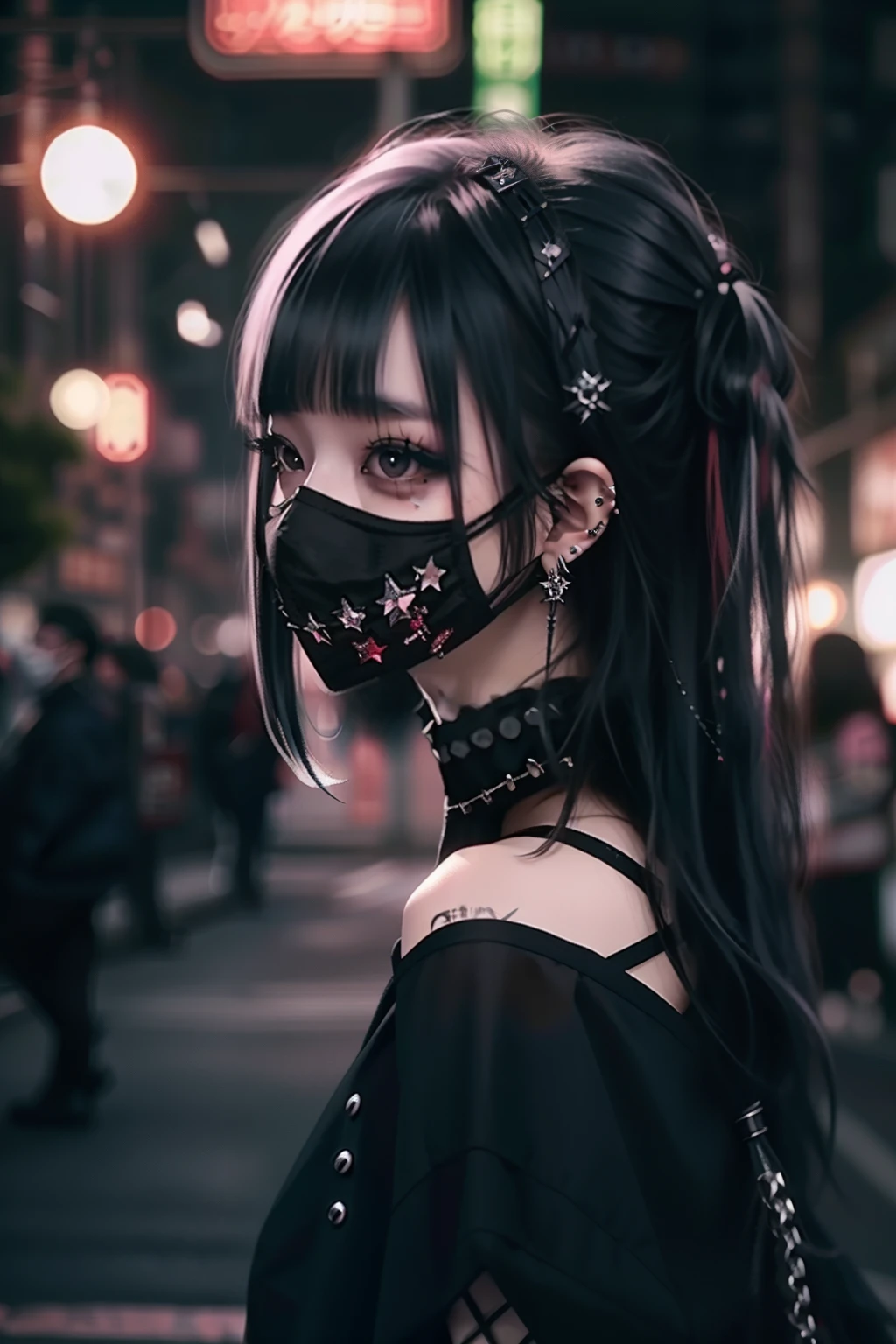 Black and red mesh hair、goth_punk, 1girl in, 独奏, medium shot, Walking in Harajuku, ((during night)), bokeh dof, neon light, iridescent eyes, starrysky, White sparkling hair, White eyebrows, Radiant hair, (iridescent white hair), 耳Nipple Ring, bangss, jewely, masks, bluntbangs, verd s eyes, Mouth mask, blurry backround, bblurry, hair adornments, Look at viewers, shorth hair, portraitures, side locks