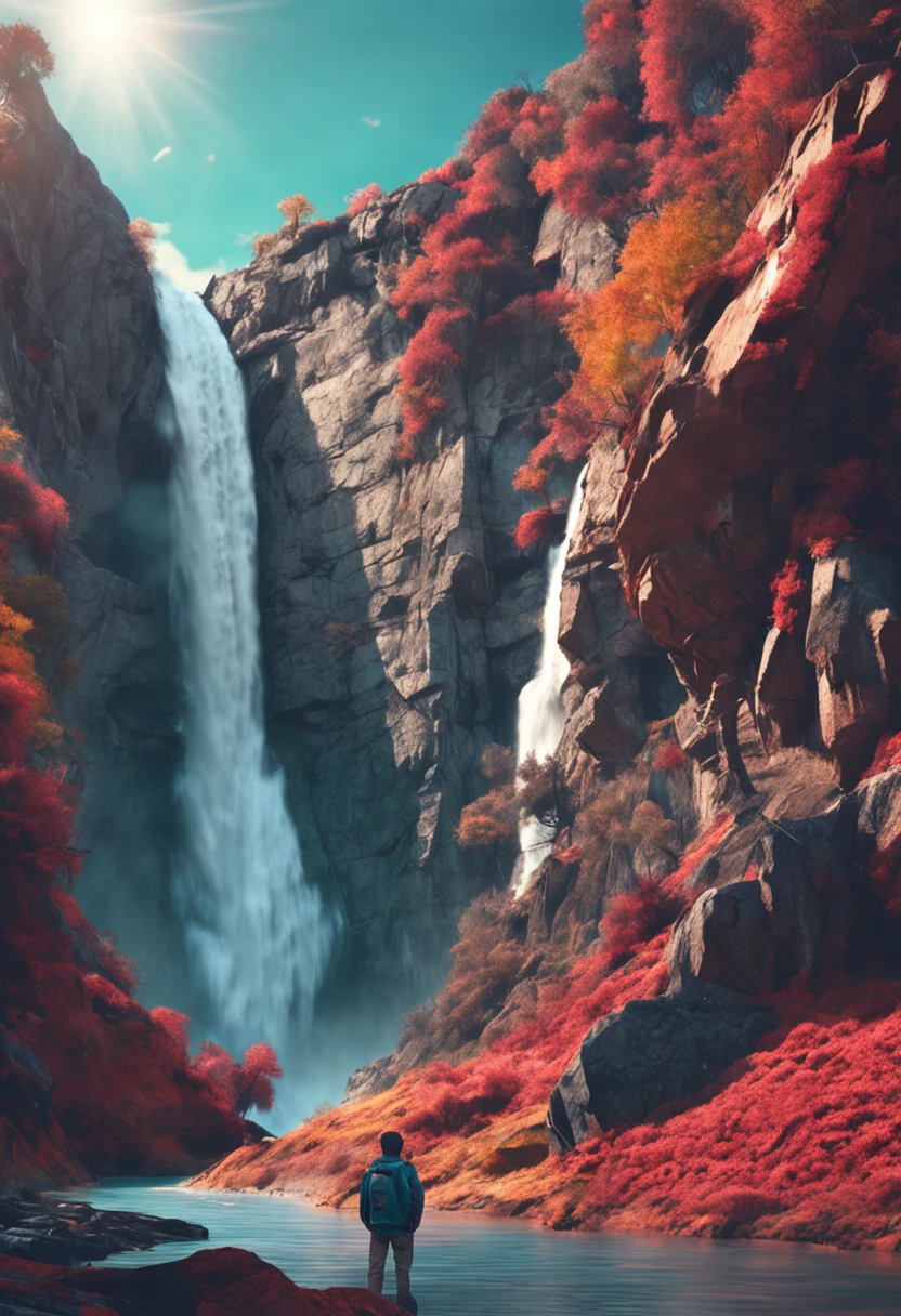 A Gundam robot, mountain cliff, waterfallr, Meditate