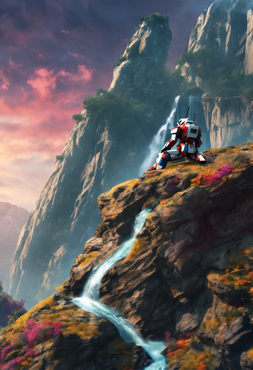 A Gundam robot, mountain cliff, waterfallr, Meditate