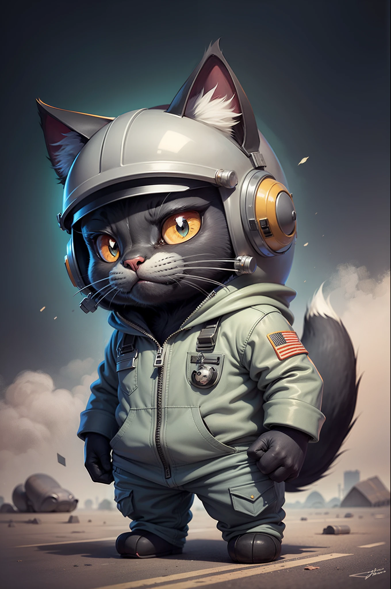 C4tt4stic, Cartoon black cat in pilot suit, Helmet,