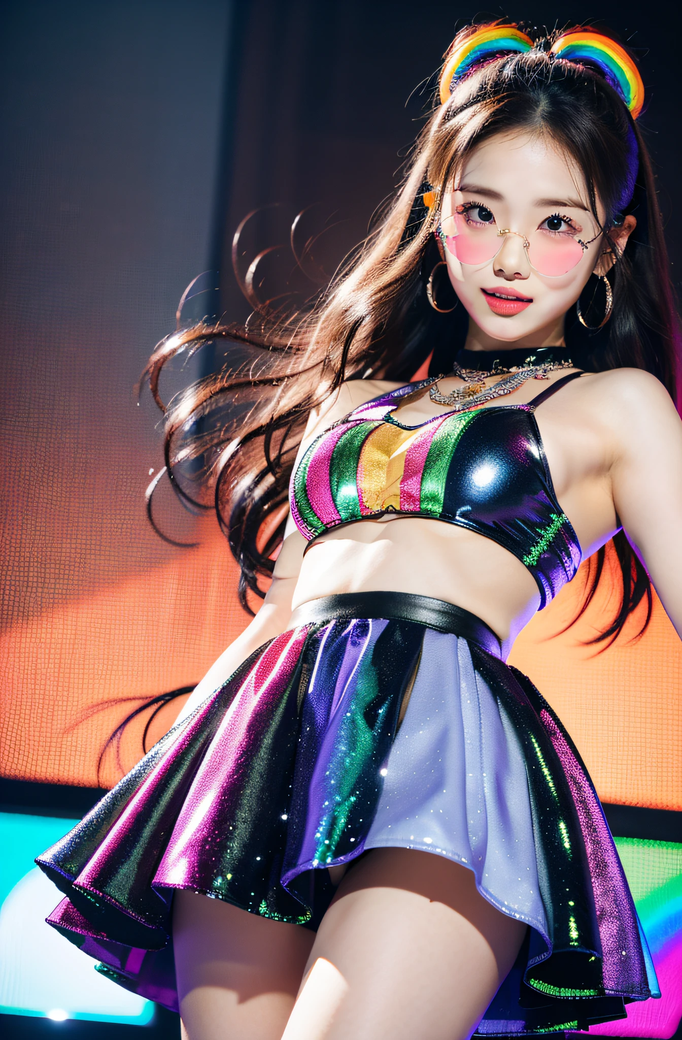 Solo idol performance featuring Eri Kamei from Morning Musume. Content: Eri Kamei dressed in rainbow-themed idol costume, Capturing the essence of cuteness. Medium: Photography. Style: Ultra-realistic due to the influence of J-POP culture. Lighting: Stage lighting combined with warm and cold tones to emphasize the rainbow theme. Colors: Vibrant shades of the rainbow, Focus especially on pastel shades. Composition: captured with a Canon EOS 5D Mark IV DSLR camera, EF 50mm f/1.8 STM lens, Resolution 30.4 megapixels, ISO sensit: 32,000, Shutter speed 8000 second. The focus should be on her expressive face and the intricate details of her costume. --ar 16:9 - V5.1 --Style raw --Q 2 --S 750