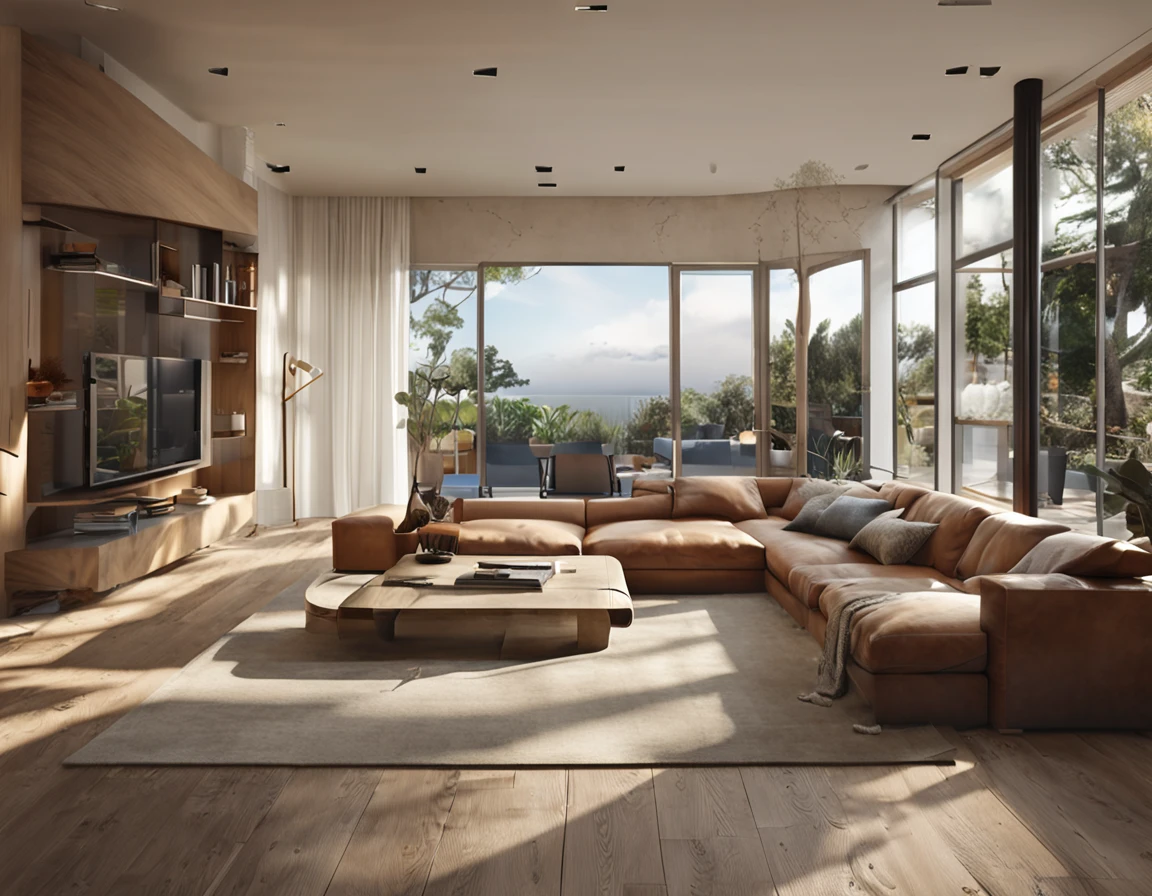 Huge comfortable living room and view of kitchen with island, (((Best quality))), (((Ultra detailed))), (((Masterpiece))), Large wooden windows with natural light, Beige sofa, Wooden table, Vase plants, modern minimalistic design, Ultra photo realsisim, Masterpiece, Highly detailed, Digital painting, Best quality, A high resolution, detailed work, Post-processing, Creative studio, Promotional architectural photos