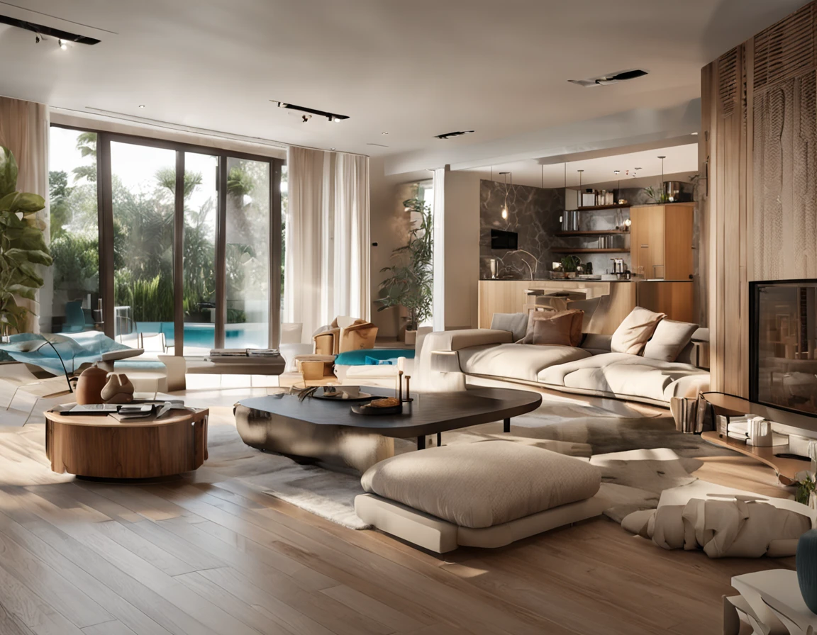 Huge comfortable living room and view of kitchen with island, (((Best quality))), (((Ultra detailed))), (((Masterpiece))), Large wooden windows with natural light, Beige sofa, Wooden table, Vase plants, modern minimalistic design, Ultra photo realsisim, Masterpiece, Highly detailed, Digital painting, Best quality, A high resolution, detailed work, Post-processing, Creative studio, Promotional architectural photos