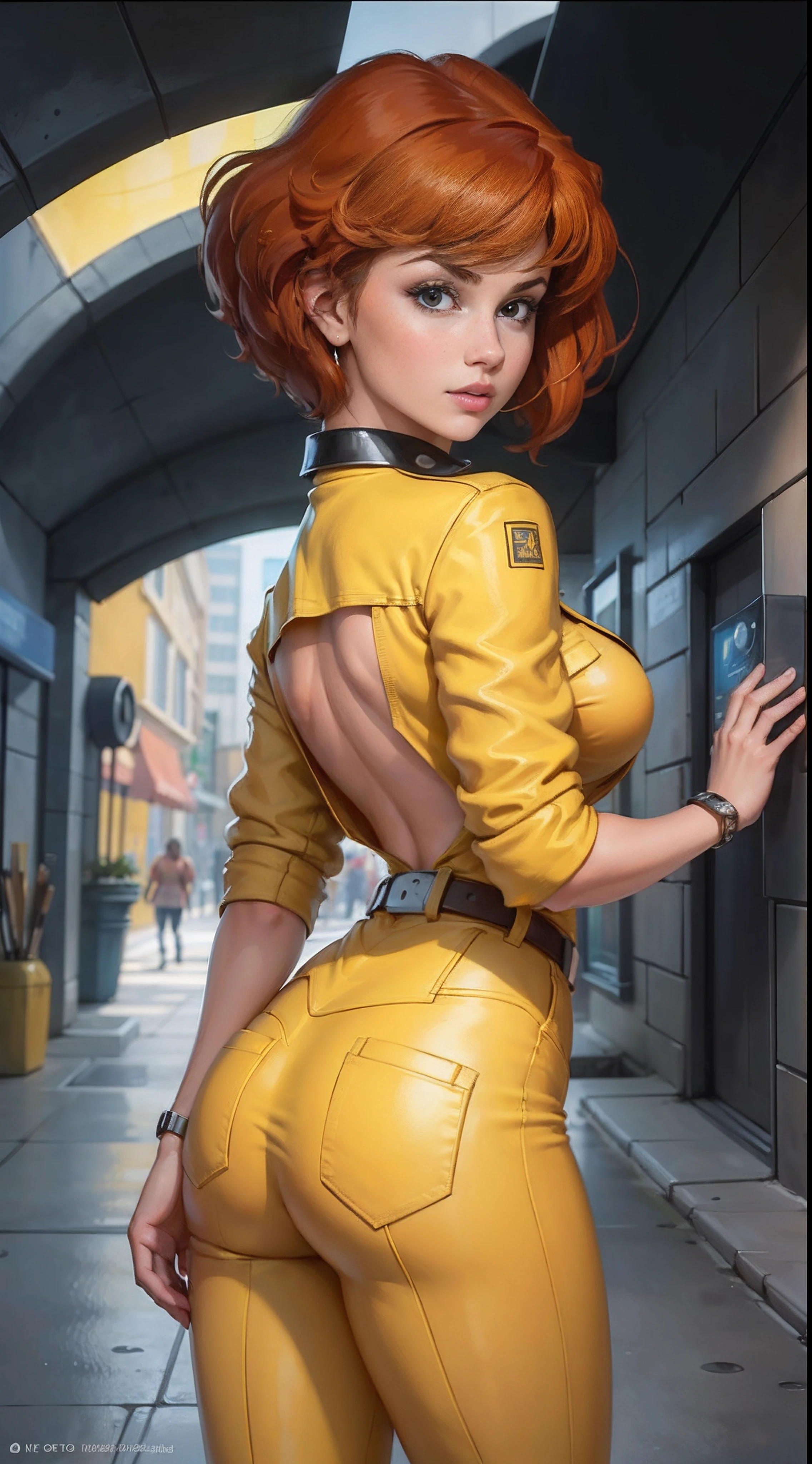 motor irreal:1.4,UHD,La mejor calidad:1.4, fotorrealista:1.4, textura de la piel:1.4, obra maestra:1.8,showing back April O'Neil waifu, 1980s \(estilo\), 1 mujer, brown hair, Pelo rojo,pelo corto,cabello naranja,expresion seria, expresion preocupada, Estilo de arte retro, pelo corto, solamente, mujer reportera television, traje de jersey amarillo, white belt,traje de jersey en las caderas amarillo, (desnudo_senos: 1.2), Medio_senos, escote, ojos hiperrealistas, Hermosos ojos,ojos detallados, cara realista, mujer bella mujer, fondo realista,Inside a cyberpunk sewer tunnel, Amazing lights, amazing background, Reportero de TV,beautiful fine hands,