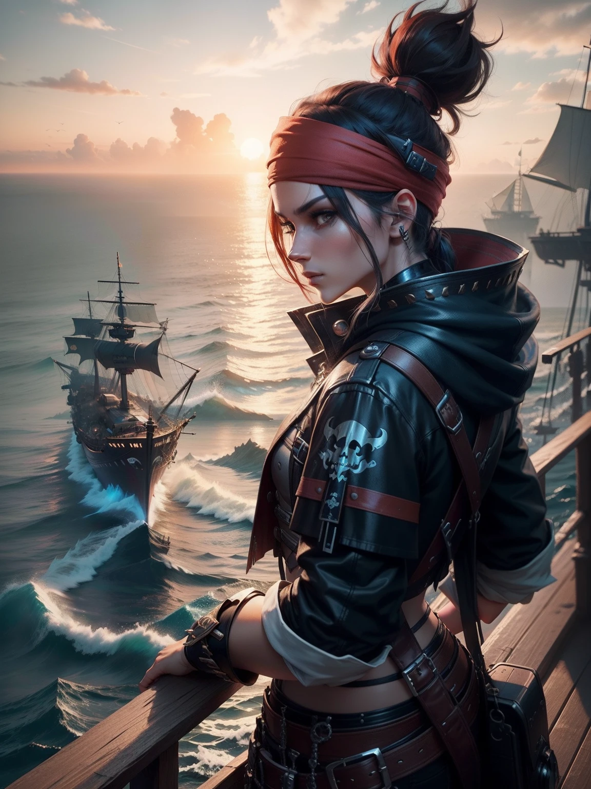 a pirate, ((ember)), tech, looking at the horizon, cyber punk style, (top-quality), masterpiece, Increased resolution at sea, In clothes, ((looking to side)), Other pirates, crisp image